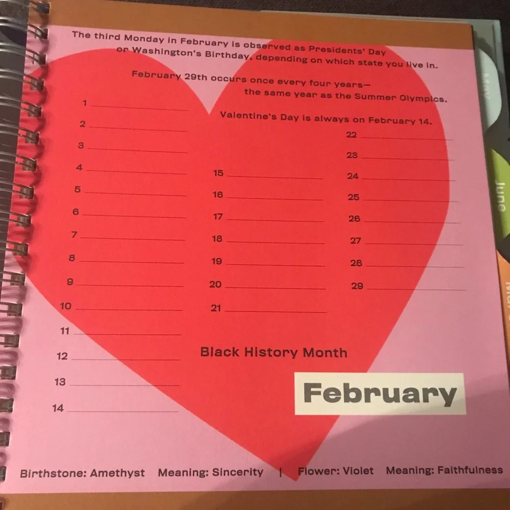 Special days monthly note/card holder with pockets on one side & days on other.